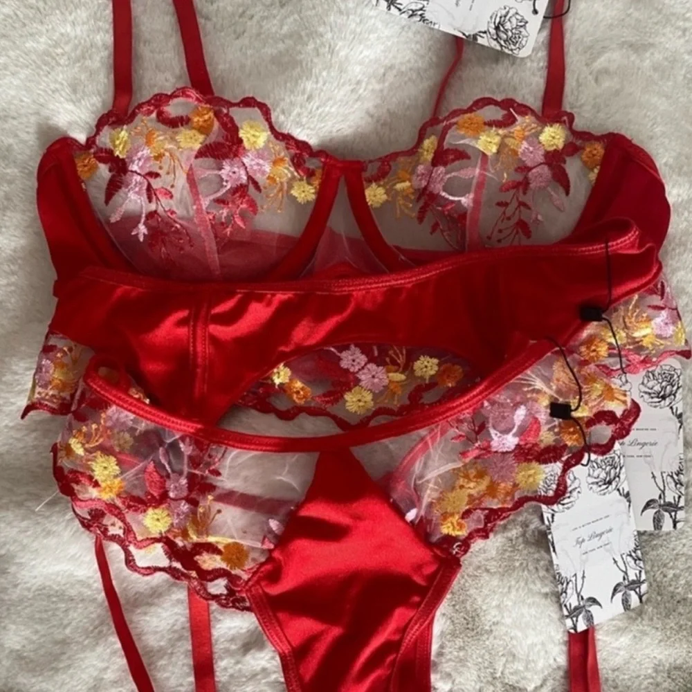 Dolls Kill Red Floral Embroidered Satin Lingerie Set
